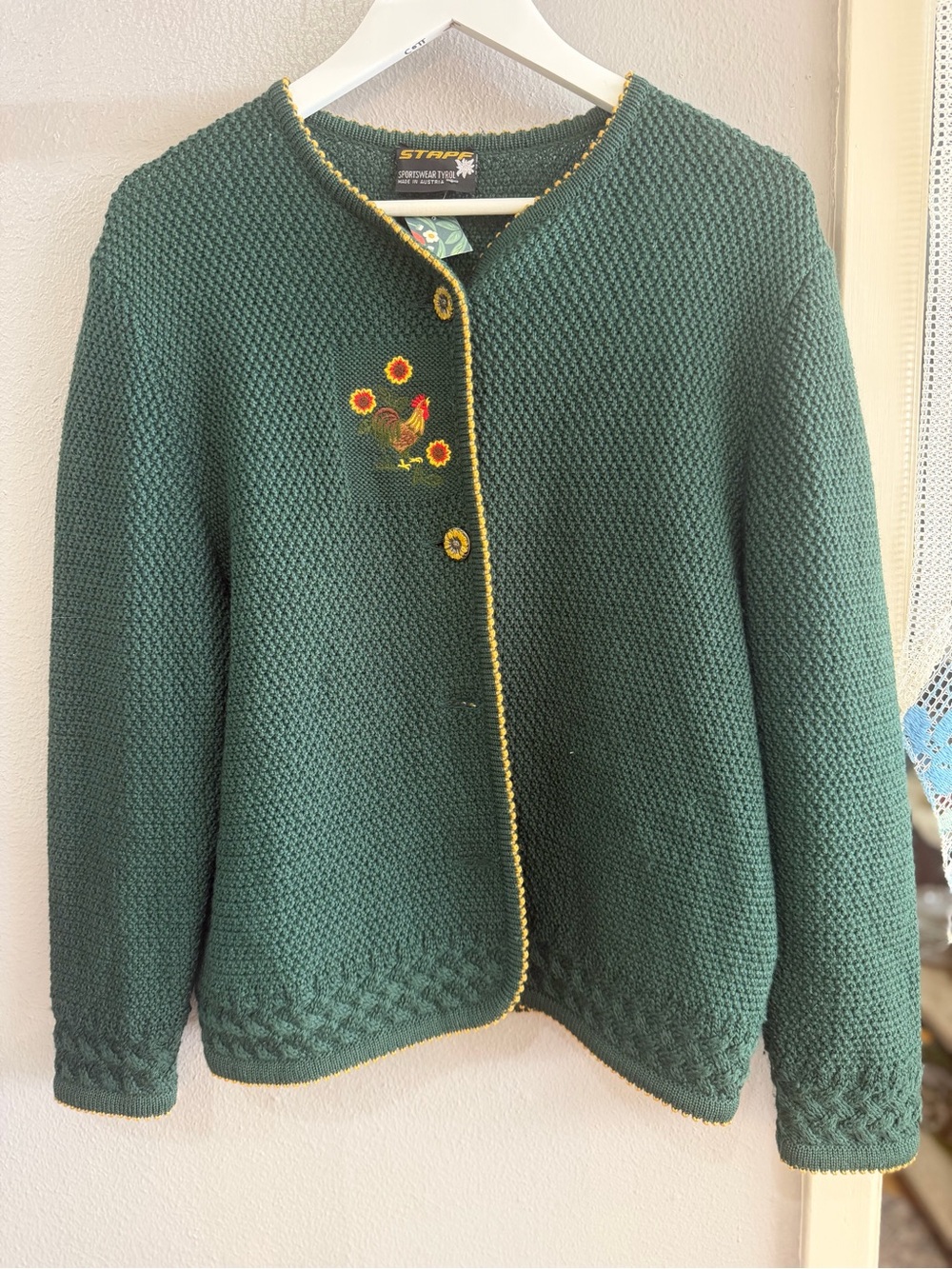 Dark Green Embroidered Knit Cardigan with Yellow Trim